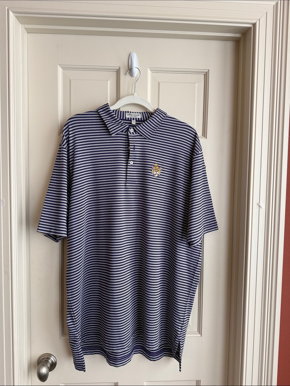 Peter Millar Navy and White Striped Polo with Crest